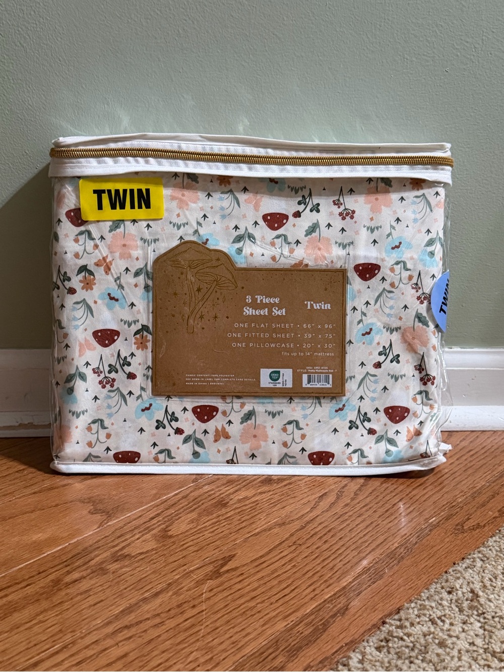 Twin Floral Mushroom Sheet Set - White with Blush & Rust Accents